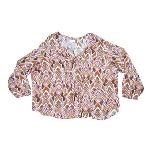 J. Jill Blouse Womens Peasant Top Pintucks Long Sleeve Pink Size 4X Geometric